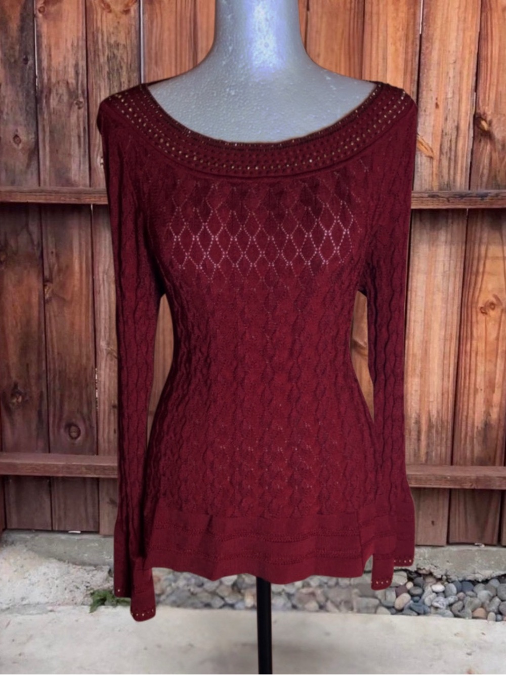 Emma James Burgundy Openwork Off-the-Shoulder Sweater